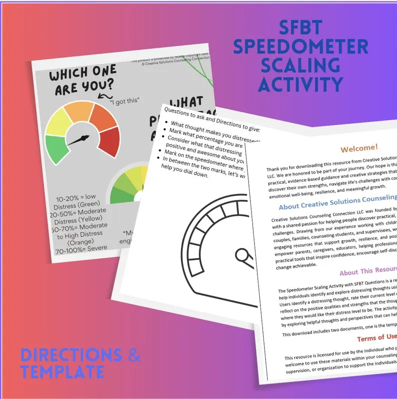 Speedometer Poster, Scaling Activity w/ SFBT Questions Bundle